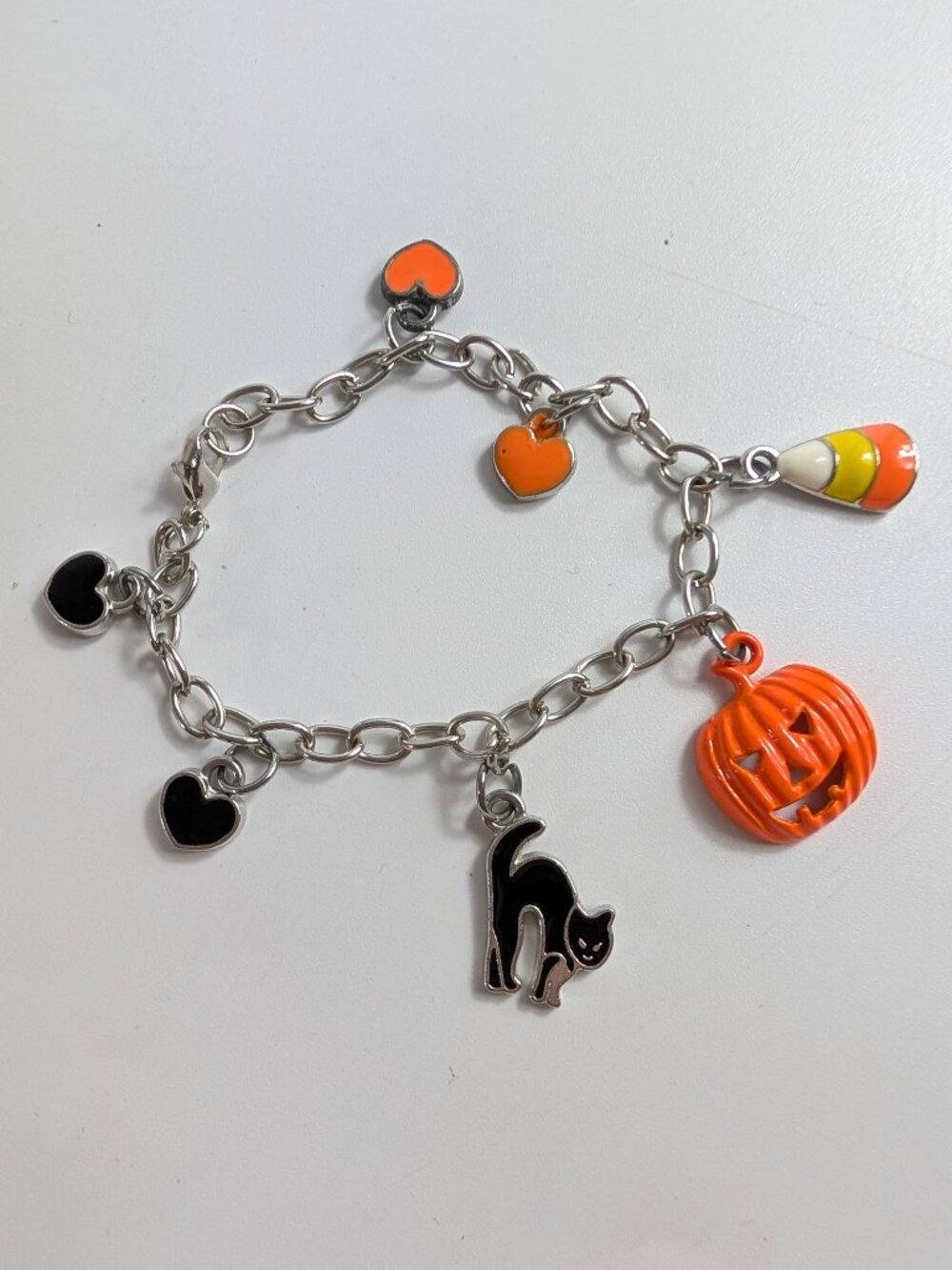 Halloween Themed Charm Bracelet 7.5" Silver Tone Pumpkin Black Cat Candy Corn